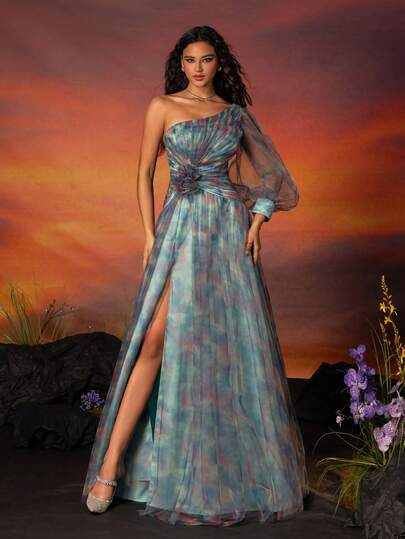  Vestido de noche largo con abertura lateral, estampado de teñido anudado y hombro descubierto de malla VIPGIRL