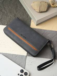 HOVI'S Ví da nam dài có khóa kéo đơn - Dung tích lớn (vừa điện thoại), nhiều ngăn đựng thẻ, có dây đeo cổ tay, chất liệu giả da, món quà lý tưởng cho nam giới. - màu đen - Xem 4