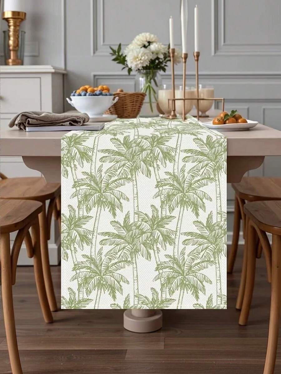 1pc Linen Texture Spring/Summer Table Flag - Abstract Palm Tree And Wave Pattern - Festivals, Birthdays, Anniversaries - Restaurant Kitchen And Catering Decoration - Green - View 1