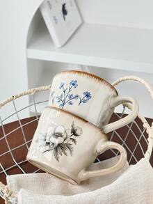 Taza de café de cerámica con patrón floral retro de lujo, estilo artesanal pintado a mano, taza de leche para el desayuno diario, taza de agua de oficina, regalo, regalo para el Día de la Madre, regalo para el Día del Padre - Multicolor - Ver 8