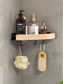 1 pieza Estantería de esquina para baño, instalación sin taladrar, cesta triangular para ducha, estante triangular de madera con anillo para toalla, solución de almacenamiento montada en la pared para el baño y ahorro de espacio - Multicolor - Ver 2