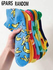 1/2/4/6 đôi tất cổ ngắn nữ ngẫu nhiên họa tiết dâu tây và chuối, thoải mái và thoáng khí. - Nhiều màu - Xem 16