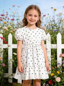 Toddler Girls' Sweet Fresh Cute Heart Print Dress, Puff Sleeve Doll Dress, White Dotted Fabric, Princess Style For Spring/Summer Daily Wear, Loose Comfortable Silhouette, Lace Trim Hem, Soft & Adorable Style Suitable For School, Outdoor Play, Family Gathering, Vacation Photo Shoot And More Occasions - White - View 8