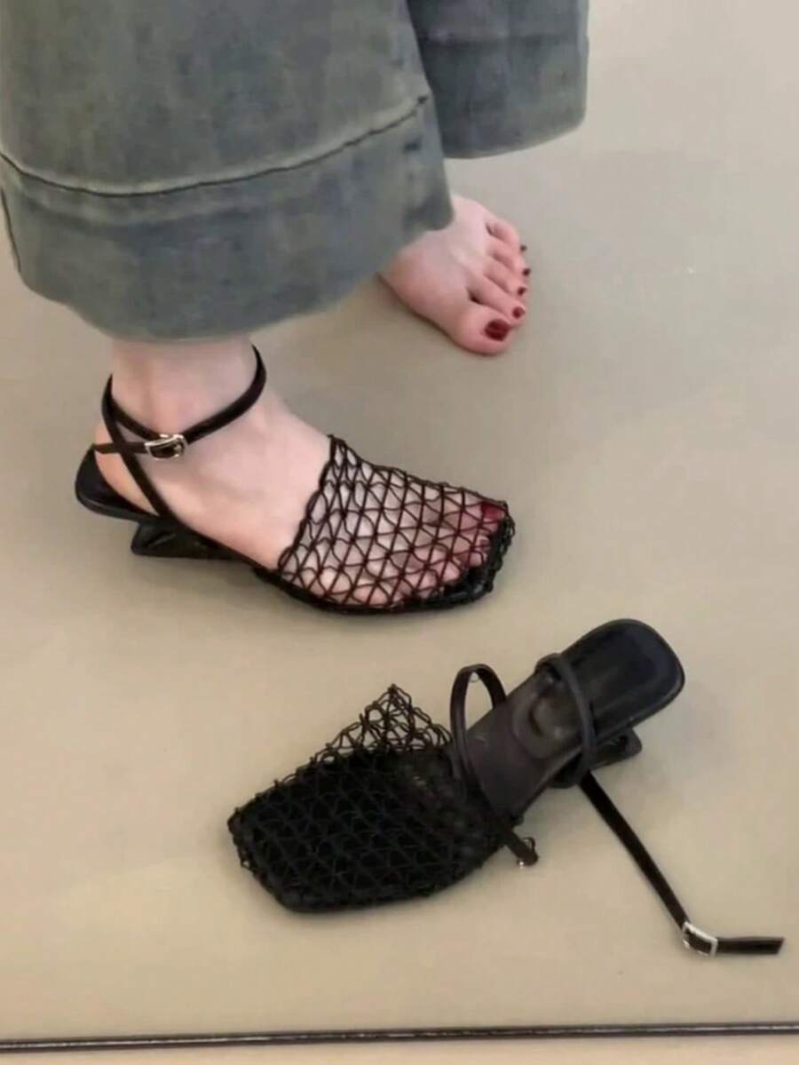 Unique Design Fishnet Wedge Mule Sandals, Women's Summer Closed Toe Hollow Woven High Heel Slip-On Slippers - Black - View 1