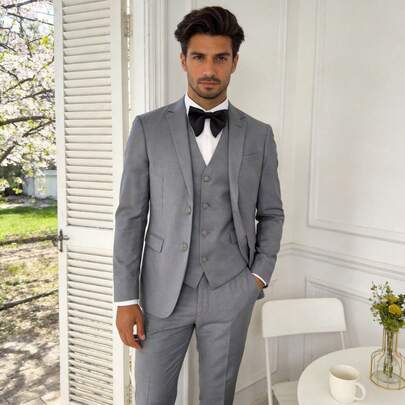 Men's Light Grey Slim Fit Single Breasted Suit Blazer, Formal Business Wedding Groomsmen Jacket