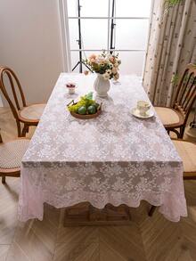 1pc French Countryside Style Floral Lace Trim Tablecloth, Holiday Decor - Pink - View 10