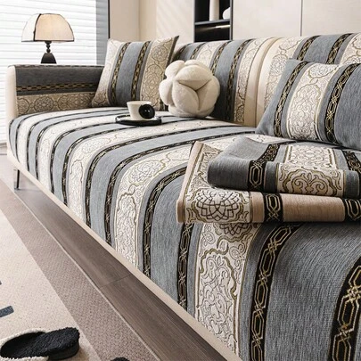 1件雪尼尔法式条纹沙发垫，适用于1/2/3/4人座沙发，包含座垫、扶手套和靠背套，防滑，四季皆宜