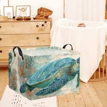 1pc Vintage Sea Turtle Nautical Map Storage Basket, Foldable Fabric Storage Bin With Handles, Coastal Ocean Home Organizer For Clothes Toys, Beach Decor Storage Box - Mint Blue - View 1