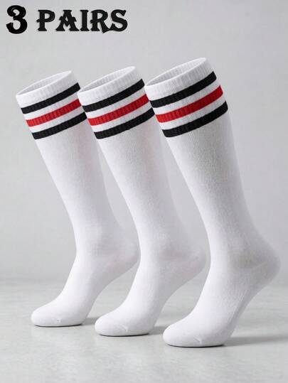 3 Pairs Unisex Striped Breathable Comfortable Knee-High Socks, Sports Style, Suitable For All Seasons