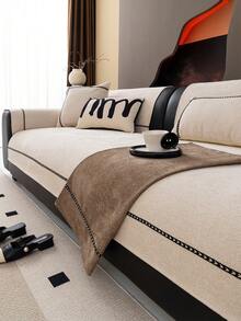 1件雪尼尔奢华条纹沙发垫，适用于1/2/3/4座沙发，包含座垫、扶手套和靠背套，防滑，四季皆宜 - 米色 - 查看 1