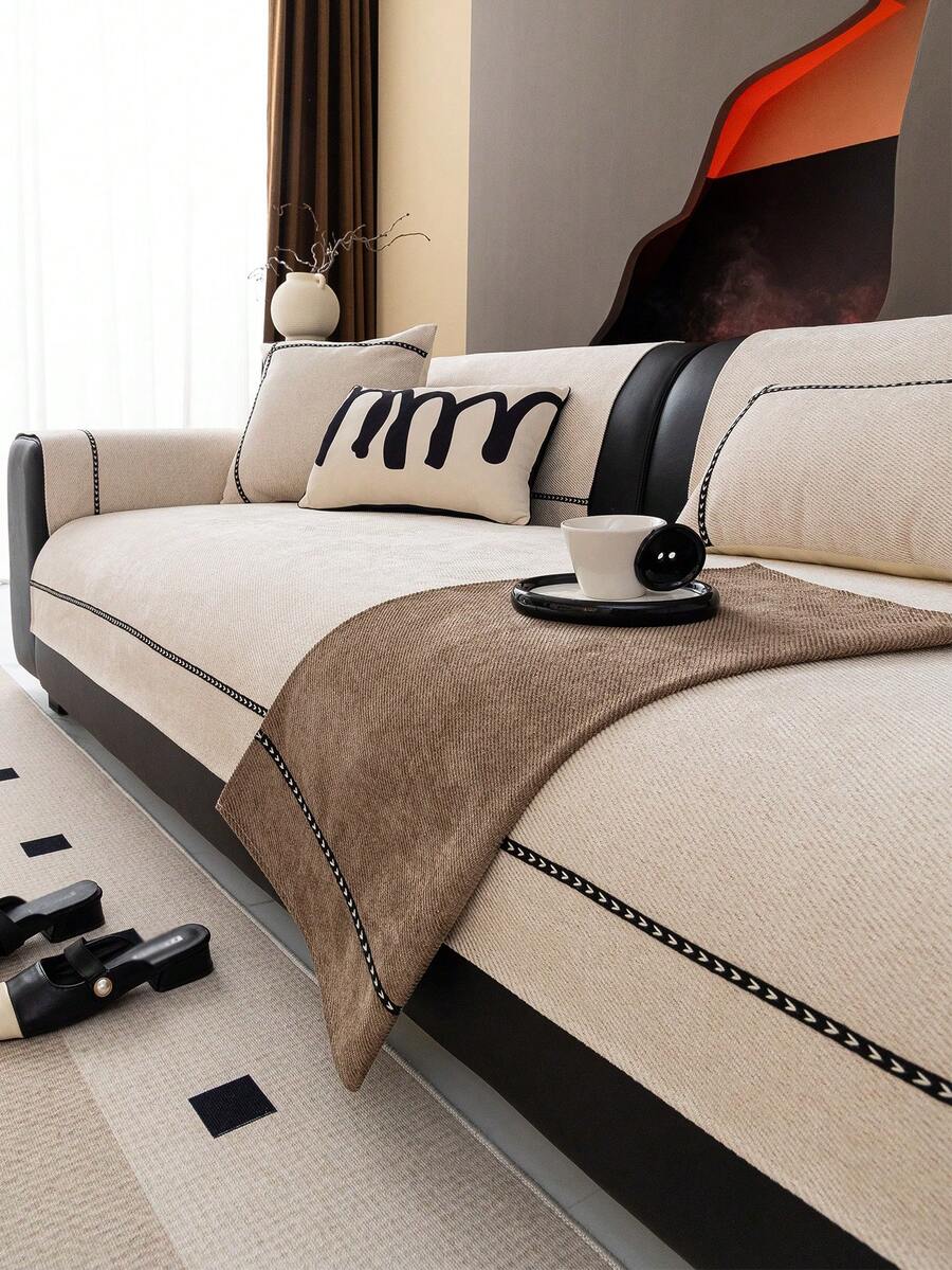 1件雪尼尔奢华条纹沙发垫，适用于1/2/3/4座沙发，包含座垫、扶手套和靠背套，防滑，四季皆宜 - 米色 - 查看 1