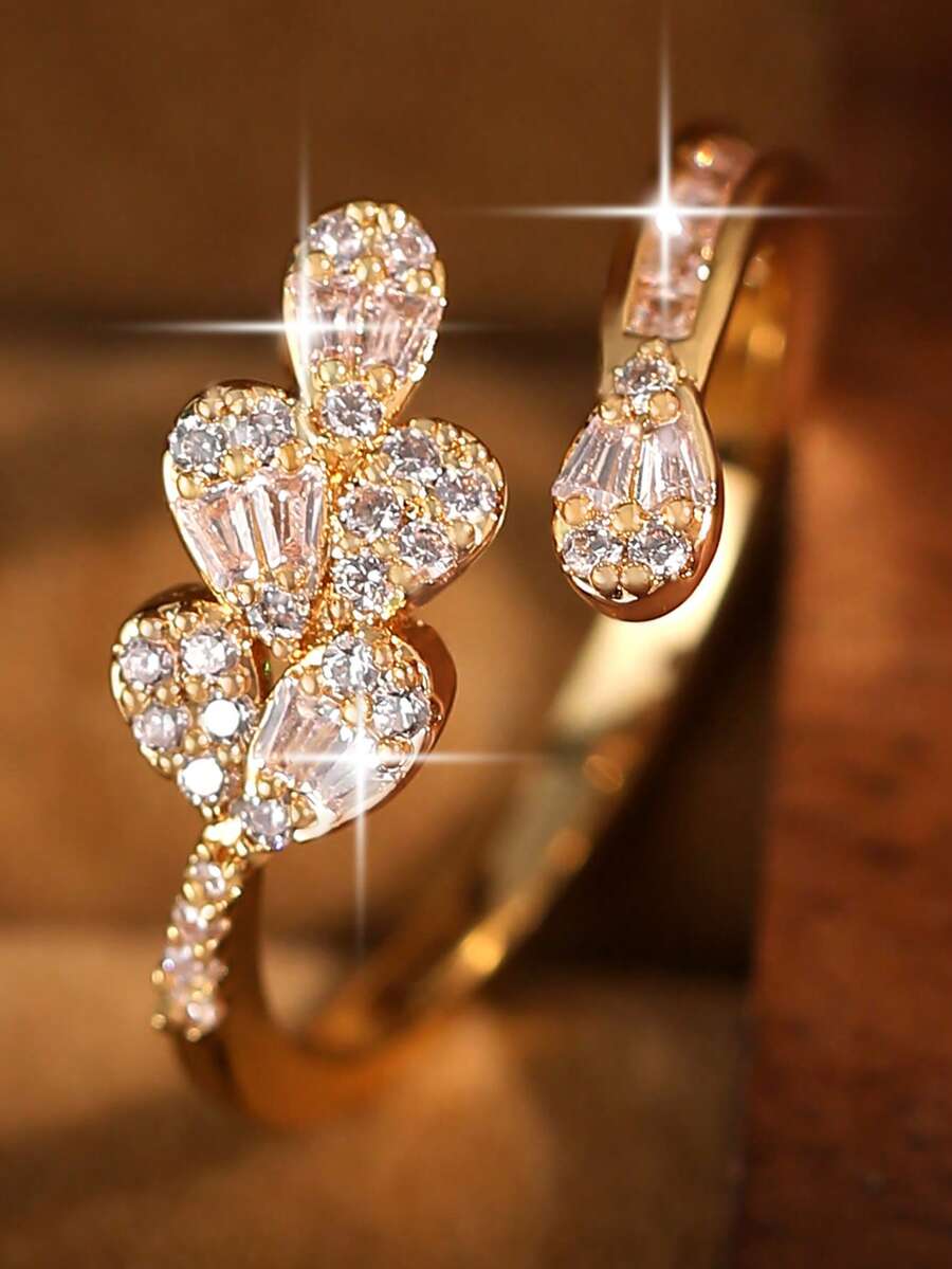 1 chiếc nhẫn đơn hình lá thanh lịch, đính đá Cubic Zirconia, chất liệu đồng cao cấp có thể điều chỉnh kích cỡ, phù hợp cho nữ giới dự tiệc, lễ đính hôn/đám cưới, công sở, học thuật, kỳ nghỉ và đeo hàng ngày. - Vàng - Xem 1