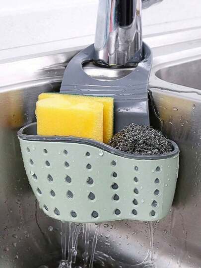 1pc Adjustable Dual-Layer Kitchen Sink Organizer Rack, Silicone Drain Basket Fits Faucet, No-Drill Bathroom Shelf, Storage Box With Quick Drainage System For Sponge, Soap, Cloth, Brush, Kitchen/Bathroom Supplies