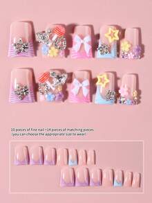 24pcs Y2K Long Almond Press-On Nails, Macaron Colors With Lollipop, Rhinestone Heart Decor, Acrylic False Nail Set Includes: 1pc Jelly Gel And 1pc Nail File - Multicolor - View 5