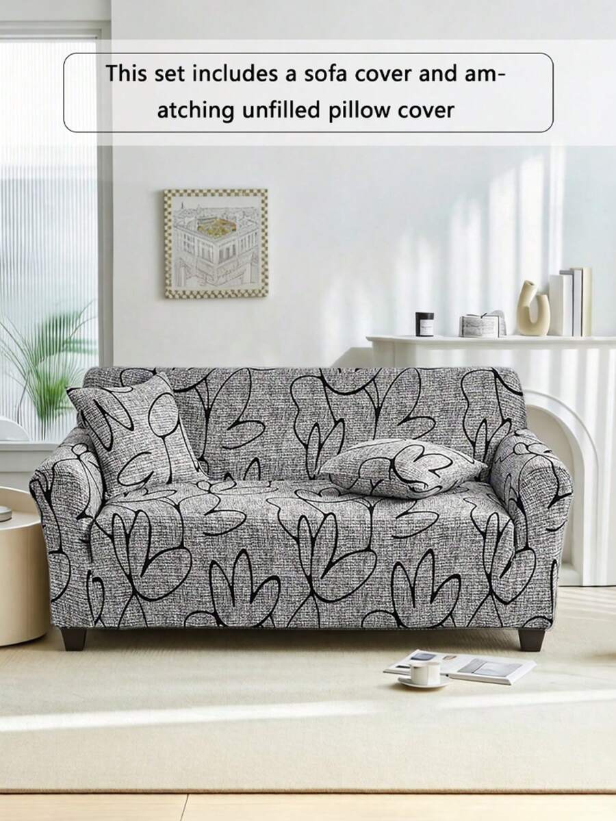 1pc Geometric Line Print Sofa Cover, Modern Minimalist Polyester Stretch Full Sofa Slipcover & 1pc Unfilled Throw Pillow Case, Suitable For All Seasons, Casual For Summer