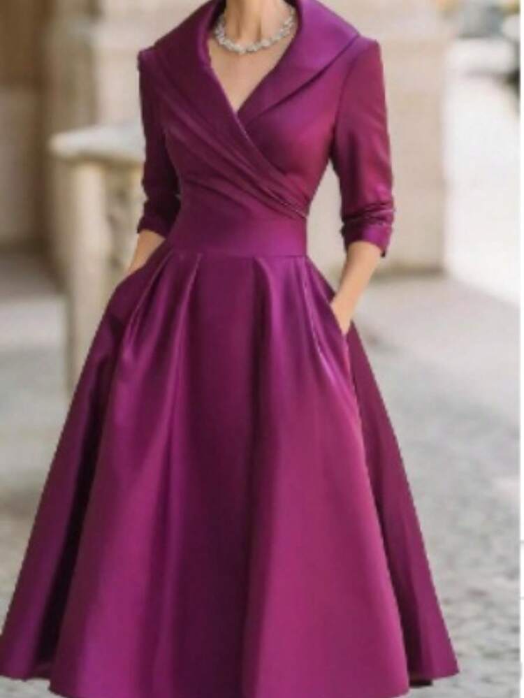 Vestido de mujer elegante formal, manga larga, cintura marcada y efecto adelgazante | Vestido largo favorecedor para oficina y eventos - Morado - Añade 11