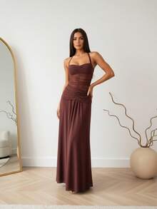 Womens Summer Halter Dress A Line Stylish Ruched Solid Color Sleeveless Backless Long Dress - Dark Brown - View 6