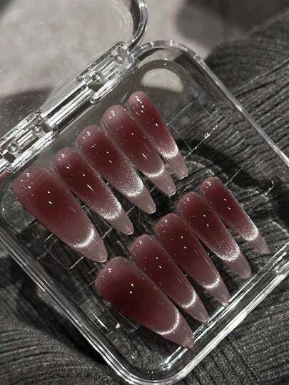 10pcs Cat Eye Wearable Nail Tips Removable Burgundy Nail Art Pieces Sweet Nail Pieces High-End Sense Solid Color Long Nail Stickers