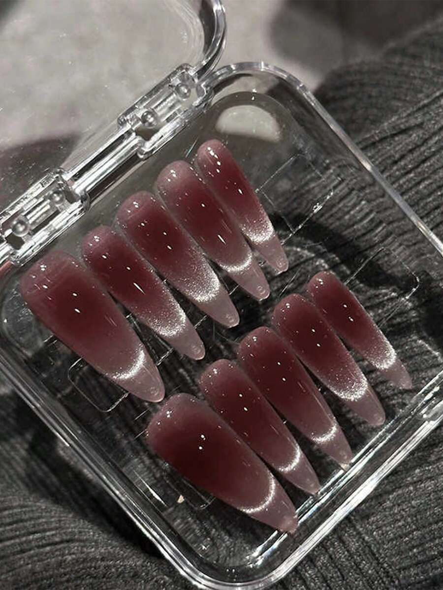 10pcs Cat Eye Wearable Nail Stickers, Removable Burgundy Nail Art Stickers, Sweet & Elegant Solid Color Long Nail Stickers - Multicolor - View 1