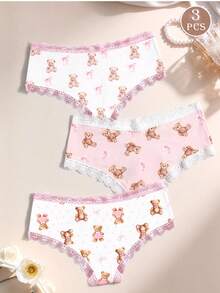 Bộ 3 món Aesletic họa tiết chấm bi, nơ và gấu, viền ren, thoải mái, dễ thương dành cho nữ, màu hồng. - Nhiều màu - Xem 2