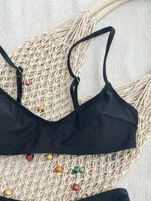 Swim Mod Elegant Vacation Bohemian Navy Blue & White Polka Dot Adjustable Strap V-Neck Sexy Bikini Set - màu đen - Xem 5