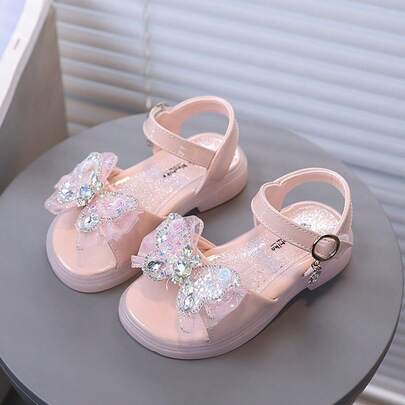 1 Pair Toddler Girls' Sweet Mesh Butterfly Sandals, Rhinestone Decor, Soft & Durable Children Shoes