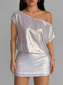 Đầm ngắn dự tiệc mới cho nữ, đầm lấp lánh, đầm dự tiệc cho nữ, phong cách retro Y2K, đầm ngắn lệch vai một vai mặc hàng ngày, mùa xuân/hè. - Rượu sâm banh - Xem 3