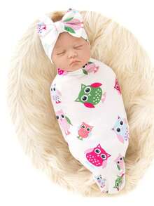 Receiving Blanket Headband Set Flower Print Baby Swaddle Blankets - 淺粉色 - 查看 1