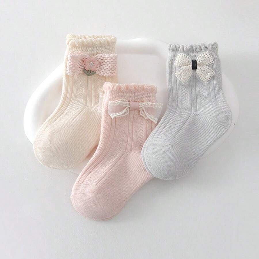 3 Pairs Baby Girls' Socks, 0-1 Years Old And 1-3 Years Old, Summer Children's Socks With Bow Decor, Gift For Babies - Multicolor - View 1