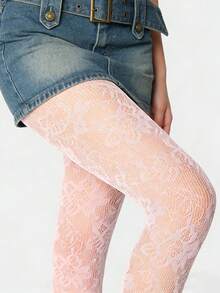1 Pair Sexy Floral Lace Fishnet Tights, Vintage Pink Opaque Pantyhose Sheer Stockings, Thin Stretchy Comfort Fit Hosiery For Women, Elegant Retro Design For Daily Party Club Date Night Outfits, Fashion Legwear Accessory, Ideal Gift For Mom Wife Girlfriend Friends, Mother's Day Gift - 粉色 - 查看 7