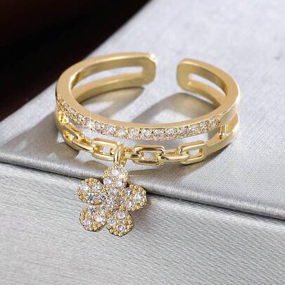 1pc Adjustable Floral Design Cubic Zirconia Inlaid Ring For Women