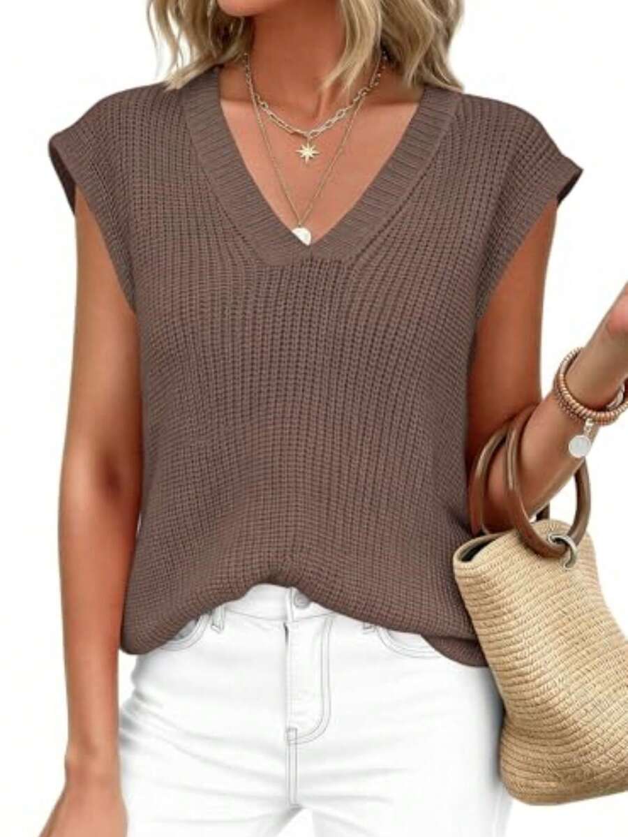 Women's Knit Sweaters Vest Lightweight Spring Cap Sleeve V Neck Tank Tops Summer Going Out Outfits - 棕色 - 查看 1