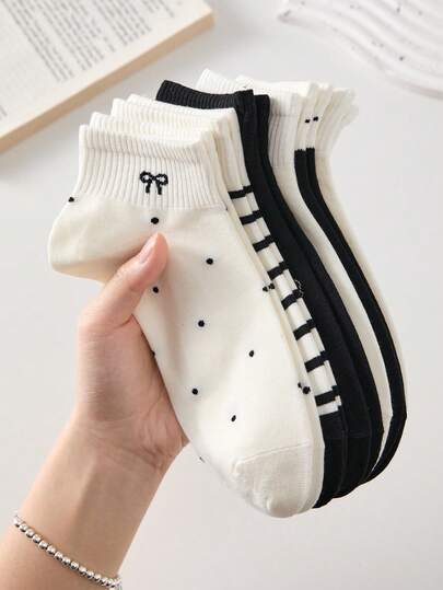 5 Pairs Women's Black & White Bow Polka Dot Pattern Ankle Socks, Non-Slip Comfortable Breathable Moisture-Wicking, Suitable For Spring & Summer, Fit For Sports And Leisure
