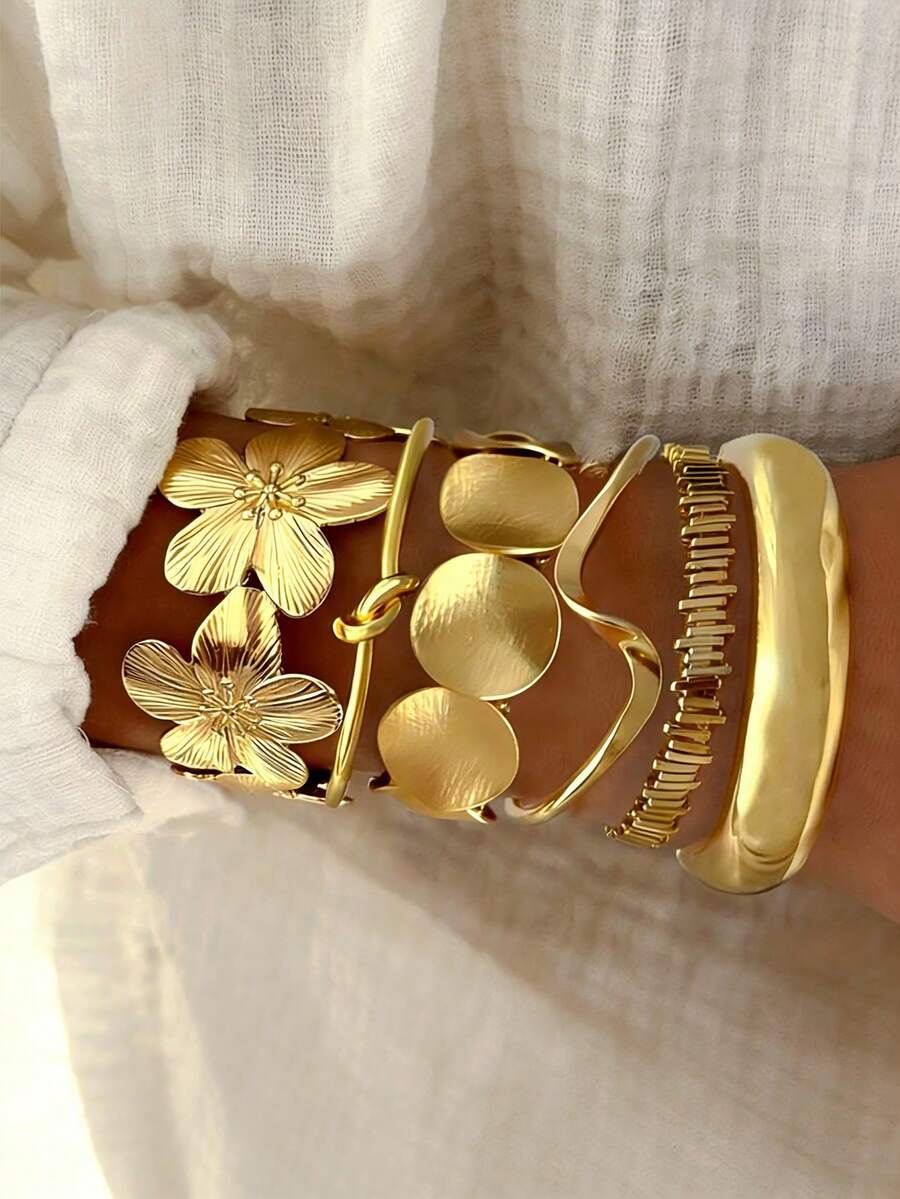 6/5/1pc Vintage Punk Style Exaggerated Floral Open Bangle Elastic Round Disc Bracelet Set, Suitable For Women Daily, Party, Date, Vacation, Stacking, Perfect Gift Choice For Ladies Bracelet - Gold - View 1