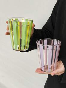1个ins风粉白条纹“好运”祝福玻璃杯，耐热玻璃杯，适合居家早餐、牛奶、燕麦片、办公室饮用水、咖啡、拿铁、果汁，情侣款，节日礼物 - 彩色 - 查看 5