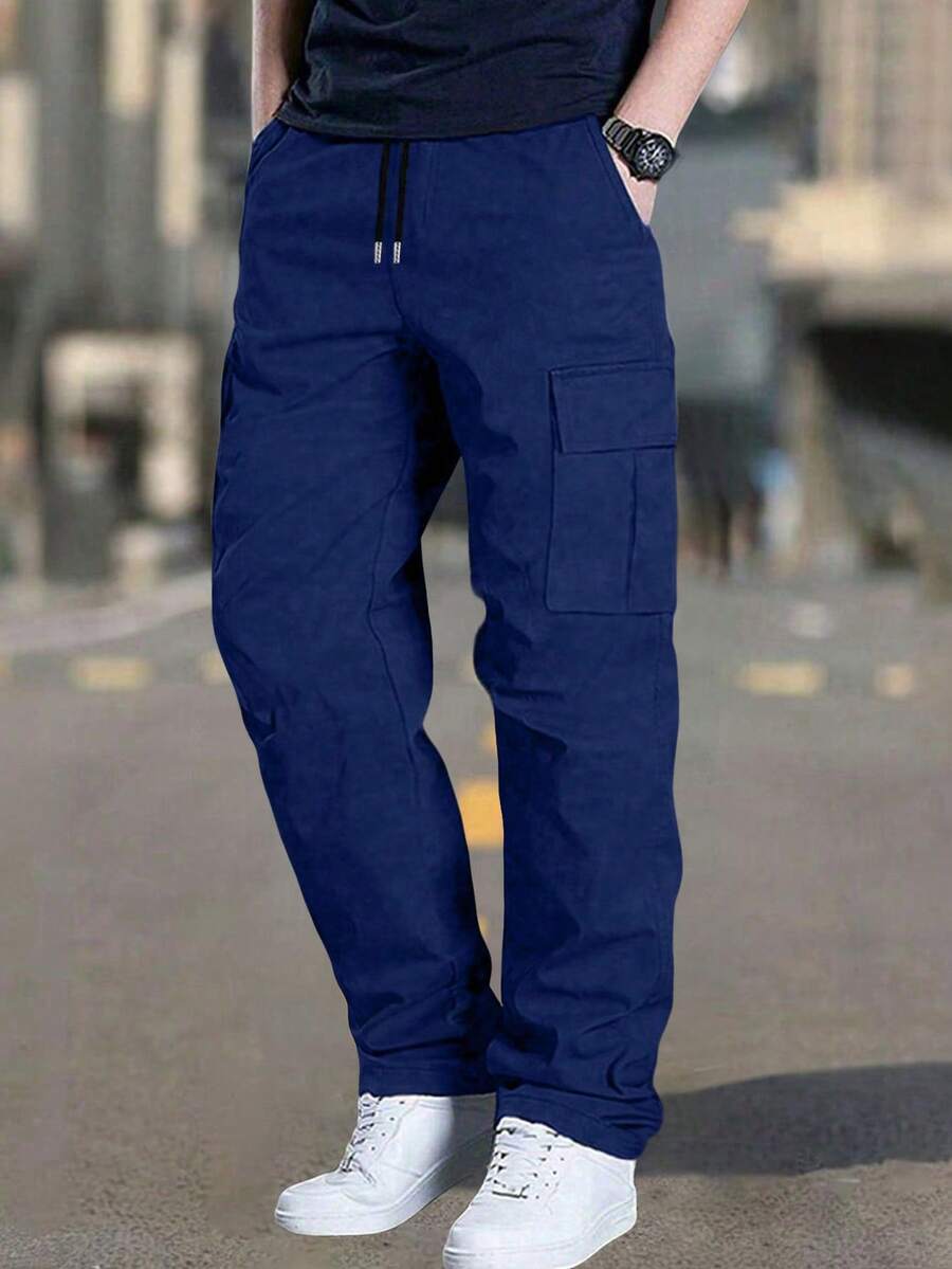 Pantalones cargo de pierna recta con múltiples bolsillos para hombre, primavera/otoño, unicolor, corte holgado, versátiles para fitness, desplazamientos y deportes - azul real - Ver 1