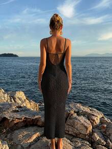 女士优雅性感吊带露背镂空透视沙滩度假长款钩针罩衫连衣裙，黑色 - 黑色 - 查看 3