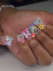 24pcs Y2K Long Almond Press-On Nails, Macaron Colors With Lollipop, Rhinestone Heart Decor, Acrylic False Nail Set Includes: 1pc Jelly Gel And 1pc Nail File - Multicolor - View 10