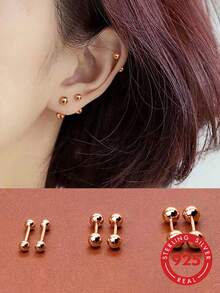 GAGAFEEL 1 par de pendientes de plata de ley 925 vintage minimalistas con cuentas pequeñas en color oro rosa, adecuados para uso diario de hombres y mujeres, un regalo de joyería de moda - Oro rosa - Ver 1
