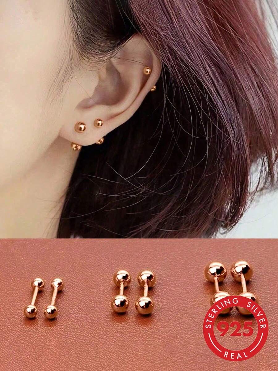 GAGAFEEL 1 par de pendientes de plata de ley 925 vintage minimalistas con cuentas pequeñas en color oro rosa, adecuados para uso diario de hombres y mujeres, un regalo de joyería de moda - Oro rosa - Ver 1