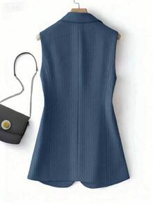 Women's Striped Patchwork Single-Button Regular Suit Jacket Vest, Solid Color Pocket Button Office Wear - Denim Blue - View 2
