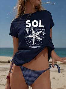 Women's Short Knit Crew Neck T-Shirt With Starfish Print, Slightly Stretchy, Suitable For Summer Wear Casual - Dark Blue - View 9