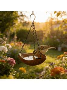 Hanging Bird Bath, Designed For Birds To Play, Spacious Bowl-Shaped With Ample Water, Provides And Comfortable Water Bath, Drinking And Playing Space For Birds. Natural Wood-Grain Appearance Blends Well With Outdoor Environment, Paired With Thick Metal Chain And Sturdy Hanging Hook For Stable Suspension. Open Structure Allows Birds To Freely Enter And Flap Their Wings, Clean Their Feathers. - Multicolor - View 4