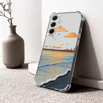 1 chiếc ốp lưng điện thoại trong suốt chống sốc, có túi khí, hình ảnh hoàng hôn và kỳ nghỉ trên bãi biển, tương thích với Samsung A14/A15/A16/A17/A04/A05/A06/A07/A54/A55/A56/A57/A34/A35A/36/A37/S26/S26Plus/S26Ultra, 12C/13C/14C/15C, Honor 400/400Pro/400Lite/300/300Pro/200, C85 Pro/C75/C71/C63/C53