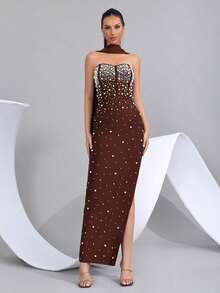 Beaded Decor Slit Bandeau Bridesmaid Dress, Holiday Party Bandage Dress - Coffee Brown - View 4