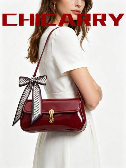 夏季优雅女士单肩包，酒红色漆面PU斜挎/月牙形/腋下包，适合购物，旋转锁扣，蝴蝶结围巾，适合女性、女大学生、通勤族、约会、日常出行及各种场合。