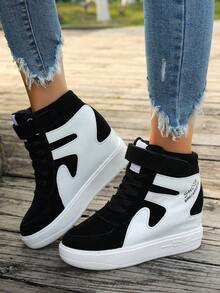 Zapatillas de plataforma para mujer, nueva moda coreana con , zapatos gruesos de plataforma que aumentan la altura, zapatos de suela gruesa, zapatos de caña alta, zapatos casuales de ante de color block - Negro - Ver 2