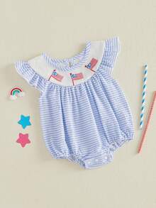 Newborn Infant Patriotic Romper, Blue Striped American Flag Embroidered Bubble Romper With Ruffle Sleeves, 4th Of July Summer Outfit - 藍色 - 查看 4
