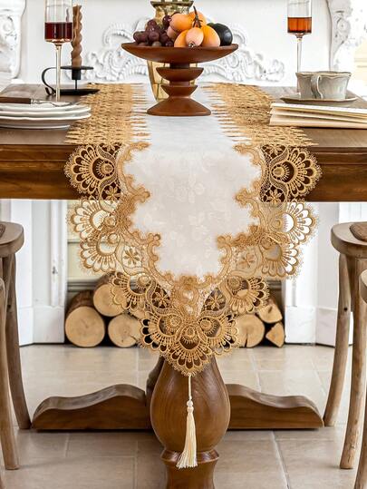 1pc Vintage European Style Embroidered Lace Trim Table Runner, Elegant Palace Style Table Decor, Suitable For Kitchen, Dining Room, Cafe, Vanity, Living Room, Bedroom, Outdoor, Holiday Decoration & Party Gift, Multiple Sizes Available