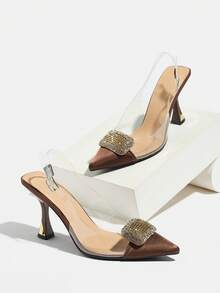 Sepatu hak tinggi stiletto ujung runcing wanita dengan hiasan gesper logam berlian imitasi, modis dan elegan untuk perjamuan, pesta, kegiatan luar ruangan, kencan, hadiah ulang tahun, gaun, paduan serbaguna, musim semi/panas/gugur/dingin, hak tinggi PVC cokelat kopi. - Coffee Brown - View 6